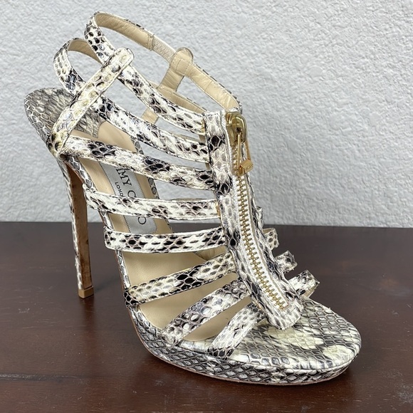 Jimmy Choo Glenys Gray Snake Python Cage Strappy Heels Stiletto Sz 38.5 - Picture 11 of 12